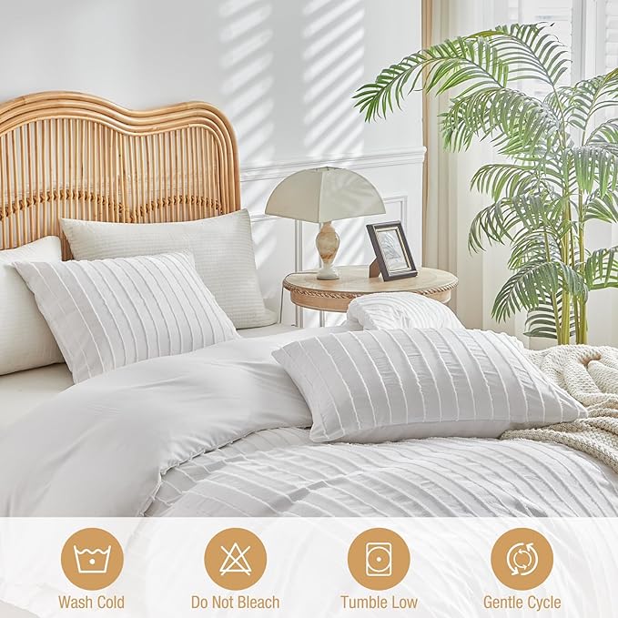Lekesky White Duvet Cover Queen Size, Striped Tufted Textured Queen Duvet Cover Set 3pcs Ultra Soft Microfiber Breathable Shabby Chic Boho Bedding Sets with Zipper Ties (No Comforter)