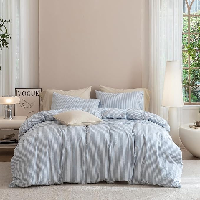 JIYUAN 100% Washed Cotton Striped Duvet Cover Set 3 Pieces King, 1 Duvet Cover and 2 Pillowcases(Comforter Not Included),Linen Like Comfy and Breathable,Pinstripes - Cornflower Blue White