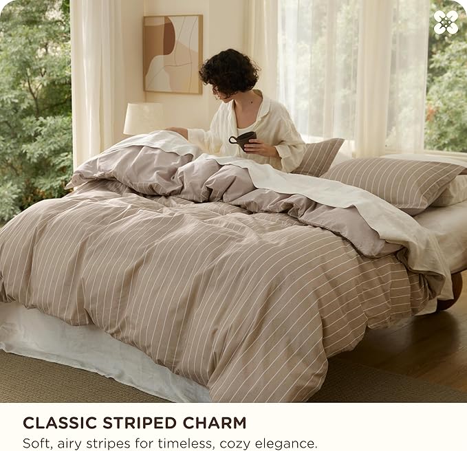 Bedsure Striped Duvet Cover King Size,100% Washed Cotton Duvet Cover Linen Like Textured, Classic Striped Pattern Enhances Bedroom Comfort and Style, Stripes Tan/White, 104"x90"