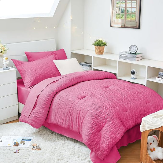 HYMOKEGE Hot Pink Twin XL Comforter Set Seersucker 5 Pieces, All Season Luxury Bed in a Bag for Bedroom, Bedding Set with Comforter, Sheets, Pillowcase & Sham
