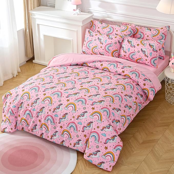 Glow in The Dark Kids Comforter Set, 7 Pieces Pink Unicorn Bedding Set Full Size for Boys Girls Teen, 1 Comforter, 2 Pillowcases, 2 Pillow Shams, 1 Flat Sheet, 1 Fitted Sheet