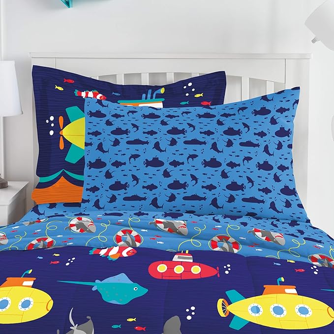 dream FACTORY Kids 7-Piece Complete Set Easy-Wash Super Soft Microfiber Comforter Bedding, Full, Navy Submarine