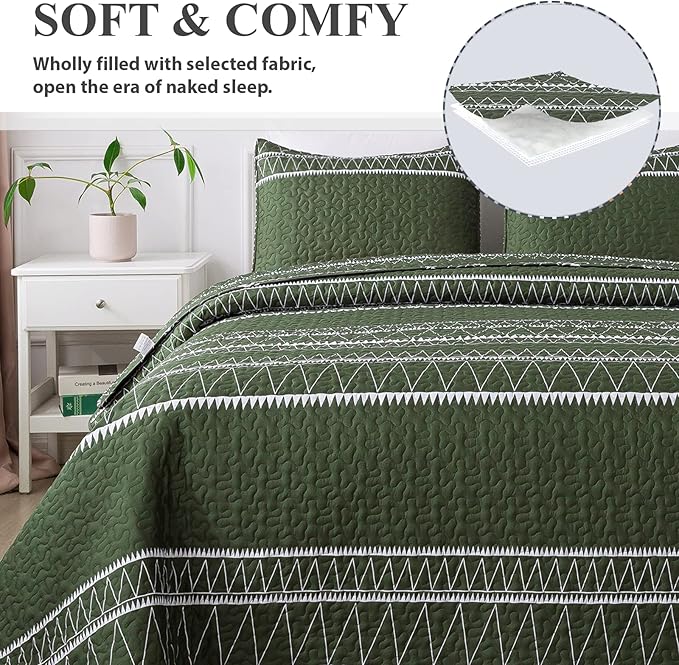 Andency Green Twin Quilt Set, 2 Pieces Boho Lightweight Soft Striped Bedspread for All Season (68"x86"), Printed Bohemian Microfiber Reversible Coverlet Comoforter Sets