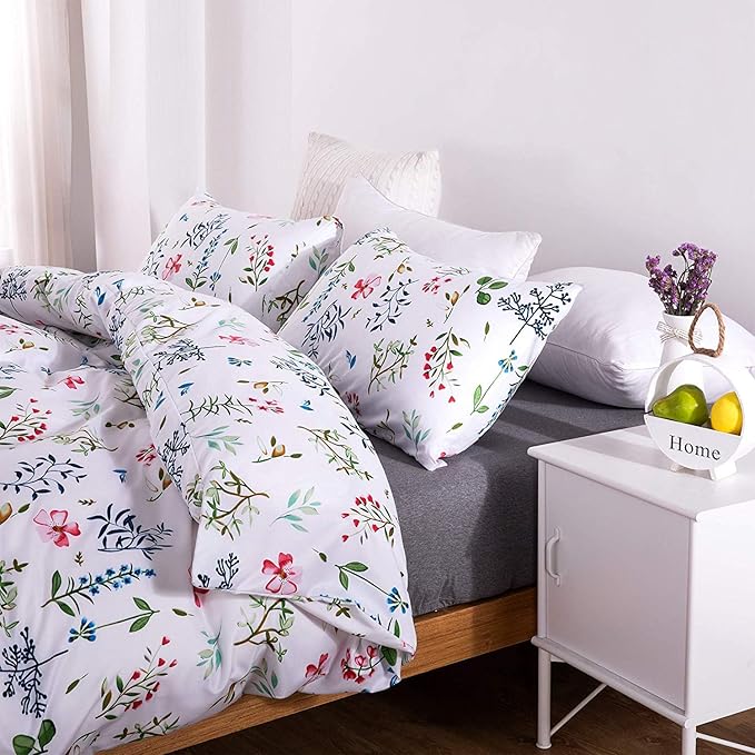 feelyou Floral Duvet Cover Set Queen Vivid Flowers Bedding Set for Kids Girls Teens Women Pastoral Plants Branches Print Quilt Cover Set Polyester White Green Comforter Cover With 2 Pillow Shams, 3Pcs