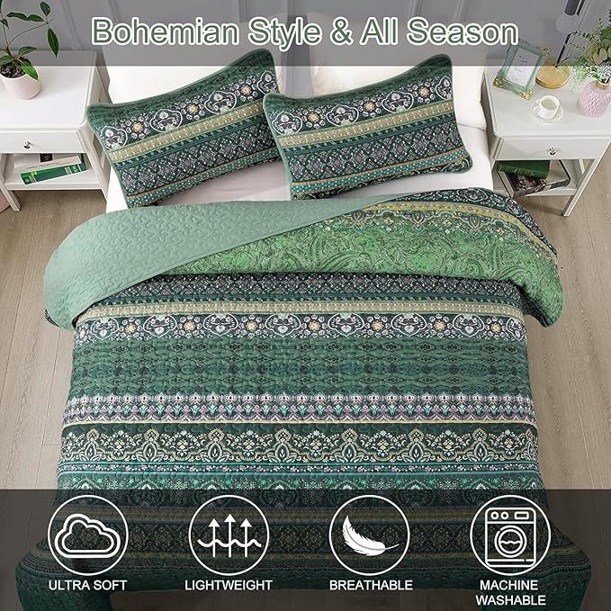WONGS BEDDING Boho Quilt Full Size, Green Bohemian Full Quilt Set, Lightweight Microfiber Bed Decor Bedspread for All Season 78"x90"(3 Pieces)