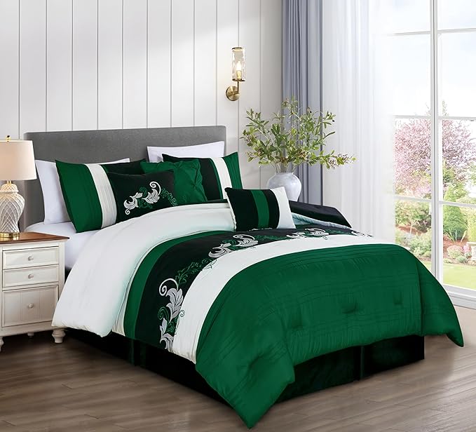 Chezmoi Collection Napa 7-Piece Luxury Leaves Scroll Embroidery Bedding Comforter Set (Oversized King, Green/Black/Cream)