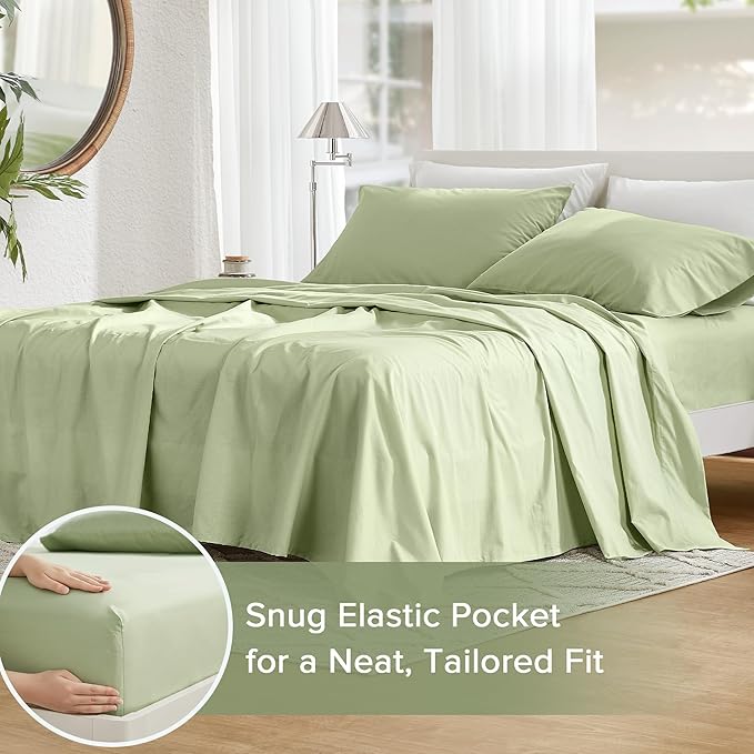 Comfort Spaces 100% Cotton Sheets Full, Breathable & Soft Cotton Sheets, Naturally Cool Cotton Bed Sheets with 14" Elastic Pocket Fits up to 16" Mattress, All Seasons Sheet Set, Sage Green 4 Piece
