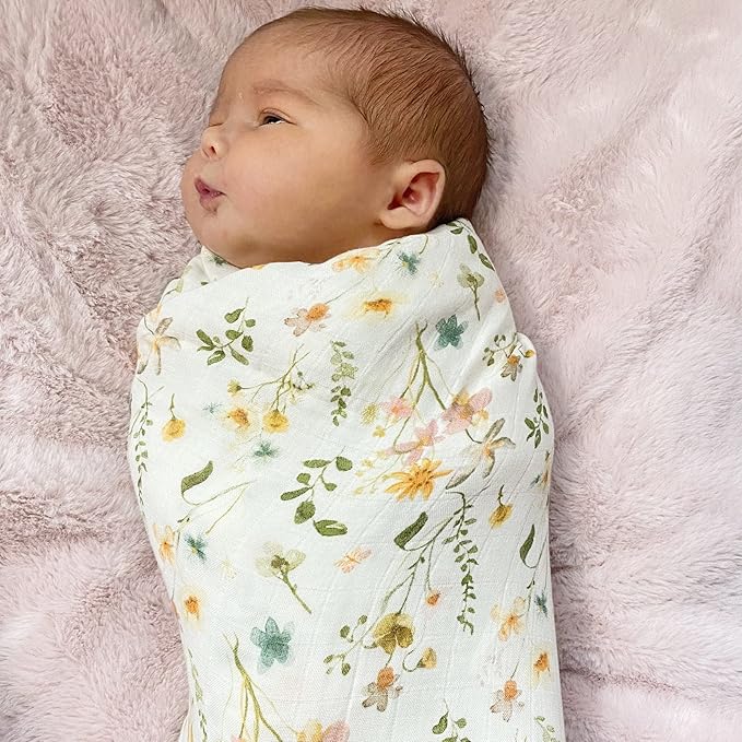 LifeTree Newborn Swaddle Set with Matching Hat and Bow Set, Wooden Birth Announcement Card, Floral Baby Girl Newborn Receiving Blankets Baby Swaddle Nursery Wildflower