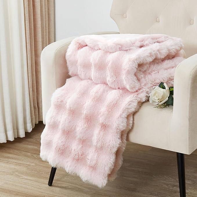 DREAMNINE Large Soft Thick Fuzzy Bubble Faux Rabbit Fur Bed Blanket Full Size 70" x 80",Lovely Big Warm Shaggy Fluffy Blankets for Winter,Solid Luxury Cozy Cute Bumpy Furry Blanket for Bed Adult,Pink