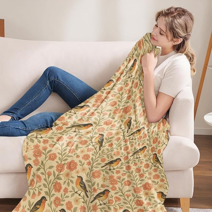 Bird Gifts, Songbird Theme Flannel Blanket for Women, Orange Bird and Floral Spring Birthday Throw Blankets for Kids, Girls, Travel Camping Sofa Living Room Decor 50x60 in