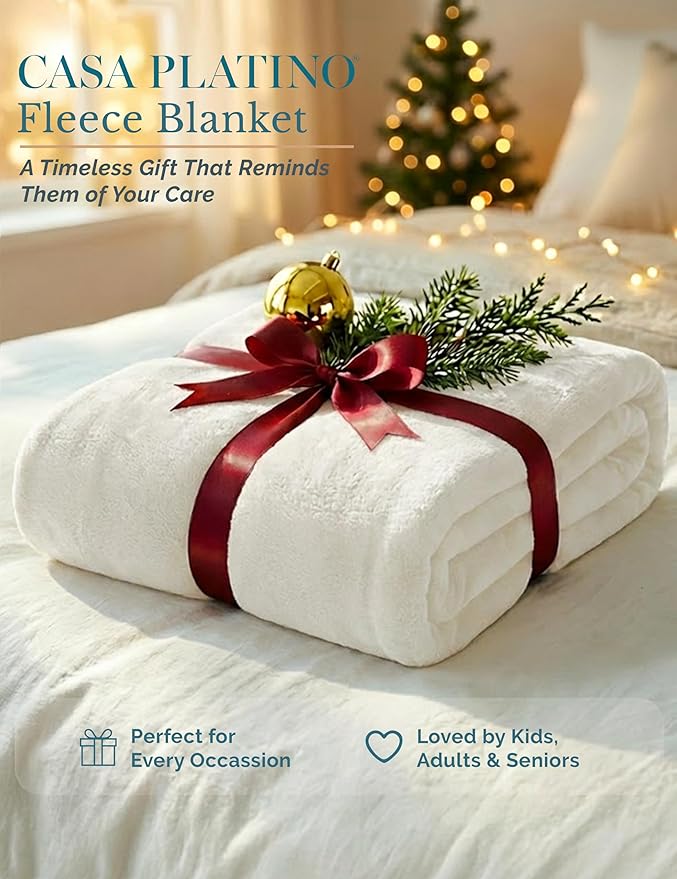 Casa Platino Fleece Blanket Queen Size – 300 GSM White Fleece Throw for Bed or Couch – Soft Cozy Warm Holiday Bed Blanket for Winter, Fuzzy Plush Elegant Gifts for Men & Women - 90x90 Inch