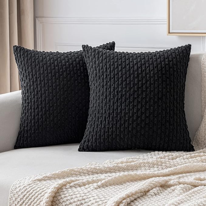 MIULEE Pack of 2 Decorative Throw Pillow Covers 16x16 Inch Soft Boho Striped Textured Corduroy Pillow Covers Modern Farmhouse Home Decor for Couch Bed Sofa Living Room Black