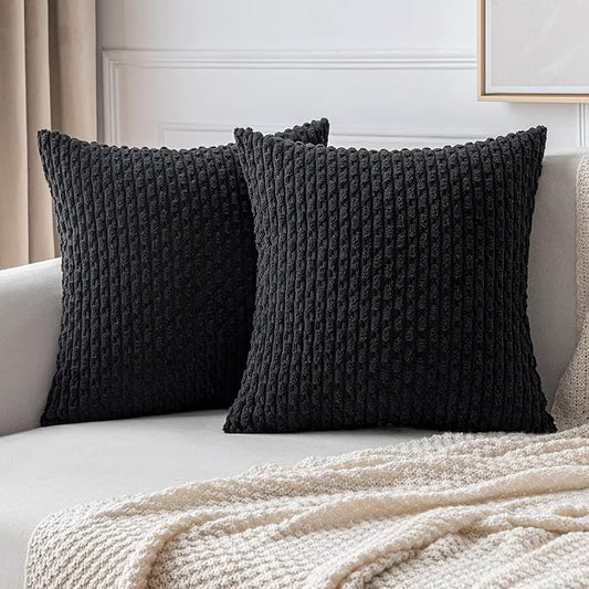 MIULEE Pack of 2 Decorative Throw Pillow Covers 20x20 Inch Soft Boho Striped Textured Corduroy Pillow Covers Modern Farmhouse Home Decor for Couch Bed Sofa Living Room Black
