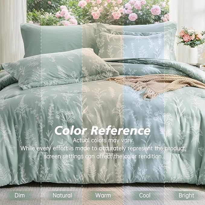 MUXHOMO Full Comforter Set, Sage Green Elegant Floral Print Bed in a Bag 7 Pieces, Ultra Soft & Breathable Reversible Botanical Pattern Bedding Set with Comforter, Sheets, Pillowcases, and Shams