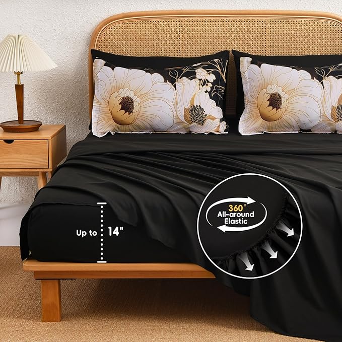Xruibed Black Glod Floral Comforter Set Queen Size 7 Pieces Bed in a Bag Flower Bedding Sets Lightweight Boho Bed Set with Sheet,Pillowcases&Shams for All Season