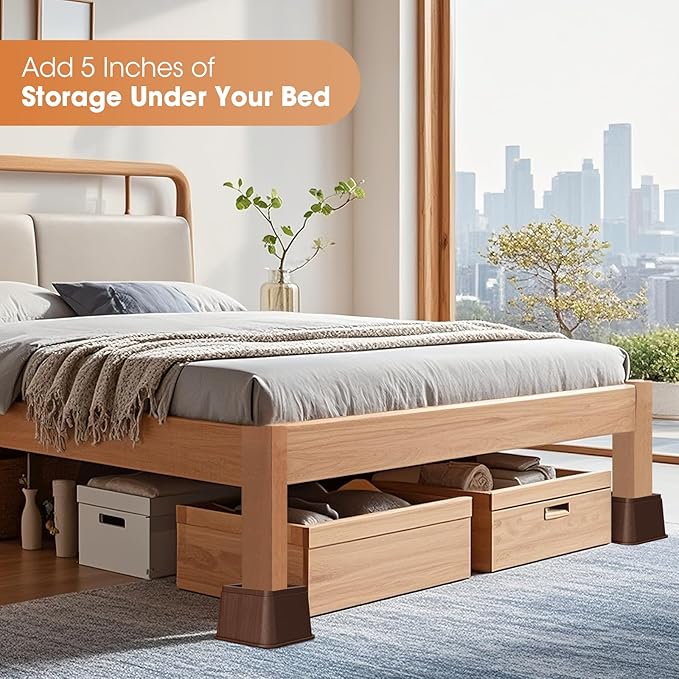 Bed Risers 5 Inch, Oversized Fit Up to 5.5" Legs, Heavy Duty Support 6000lbs, Stackable Bed Raising Blocks Furniture Sturdy Bed Lifts for Couches, Tables, Desk(Brown, 5 inch-4 Pack)