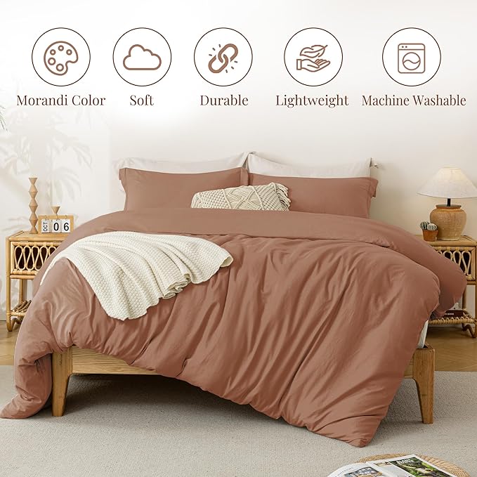 MILDLY Super Soft Duvet Cover 2pcs - 100% Washed Microfiber Mocha Comforter Cover Set 3 Pieces with Zipper Closure & Corner Ties