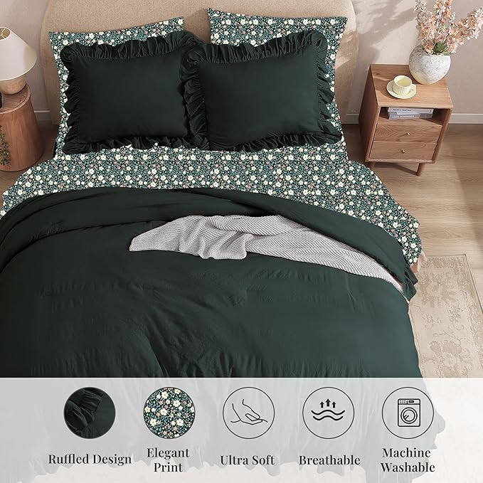 Queen Comforter Set - 7 Pieces Ruffle Forest Green Bedding Sets, Shabby Chic Farmhouse Bed in a Bag with Ruffle Comforter, Floral Sheets, Pillowcases & Shams