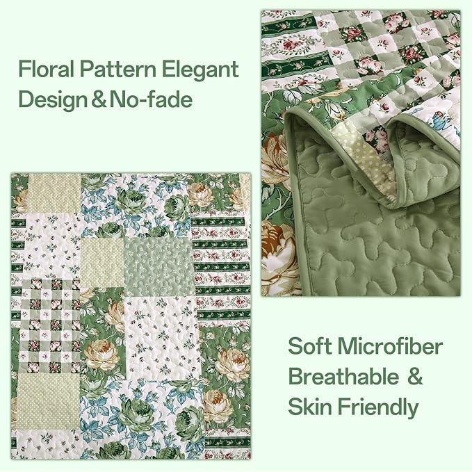 Anibedding Patchwork Quilt Set King Size Sage Green Floral Bedspread Coverlet Set, Green Rustic Plaid Quilted Bedding Set, Soft Microfiber Farmhouse Bedding Set for All Season