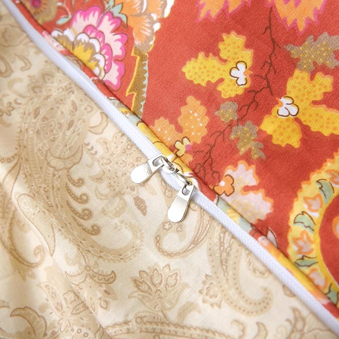 ABREEZE Paisley Bedding Sets 3Pcs Brushed Cotton Duvet Cover Set Full Size Rustic Damask Red Floral Comforter Cover with Zipper Closure Boho Bedding Collections