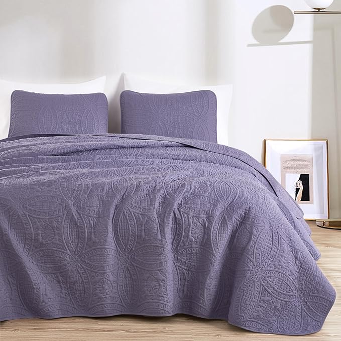 Chezmoi Collection Austin King Oversized Bedspread Set, 3-Piece Pinsonic Quilted Lightweight Microfiber Bedspread Coverlet, Dusty Purple