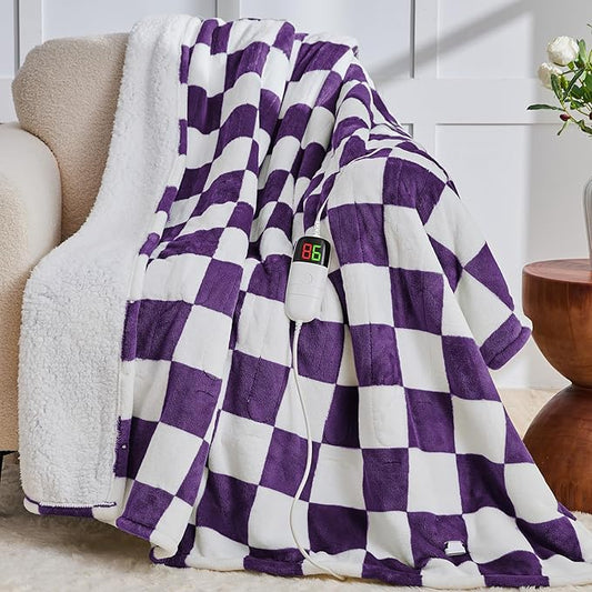 Heated Electric Blanket Throw, 50X60 Heating Blanket with 10 Heat Level & 8 Hours Auto Off for Lap, Deep Purple Checkered Plaid Soft Sherpa Blankets Warmer Gifts for Couch Grandma Women Adults