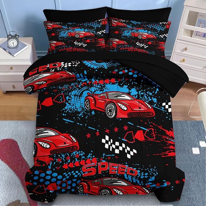 Nesker 7 Pcs Comforter Set Queen Size, Red Black Sports Car Bedding for Kids Teen, Auto Race with Fitted Sheet 2 Pillowcases & 2 Shams for Bedroom Bed Decor