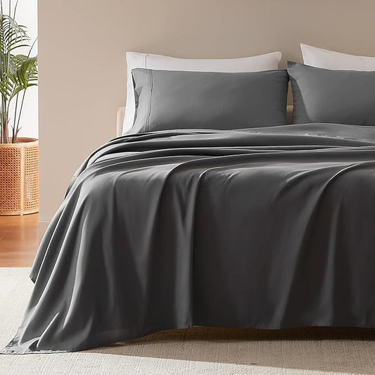 SLEEP ZONE Nanotex Super Soft Cooling Twin Bed Sheets Set for Kids 3 Piece - Easy Care Fitted Flat Sheet & Pillowcase Sets - Wrinkle Free, Fade Resistant, Deep Pocket 16" (Gray, Twin)