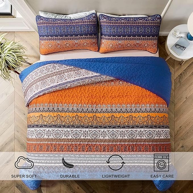 WONGS BEDDING Boho Fall Quilt Full Size, 3 Pieces Orange Blue Bohemian Lightweight Microfiber Bed Decor Bedspread for All Season 78"x90" (Blue Orange, Full)