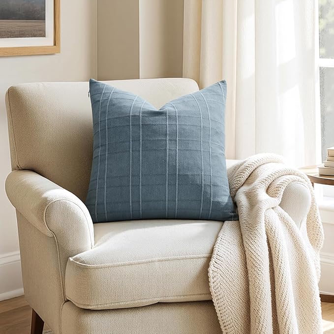 MIULEE Decorative Linen Check Throw Pillow Covers Neutral Farmhouse Vintage Pillow Covers 18x18 Set of 2 Boho Modern Home Decor for Sofa Couch Bedroom Cushion Blue Grey