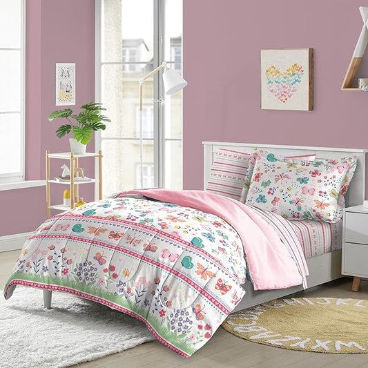 Dream Factory Kids 5-Piece Complete Bed Set Easy-Wash Super Soft Microfiber Comforter Bedding, Twin, Pink Butterfly Garden
