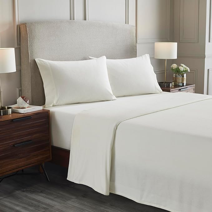 Superior Flannel Cotton Bed Sheet Set, Set Includes: One Flat Sheet, One Fitted Sheet and One Pillowcase, Breathable, Modern Solid Classic, Twin XL, Ivory