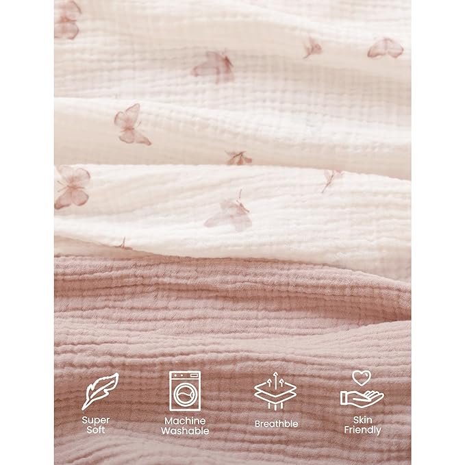Konssy Muslin Mini Crib Sheets, 100% Soft Cotton Pack and Play Sheets for Pack N Play Mattress, Playard Baby Crib Sheets for Baby Girls(Taupe,Butterfly Dreams)