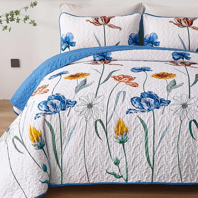 WONGS BEDDING Blue Quilt Set Full Size,Cute Floral Botanical Bedspread Bedding Set with 2 Pillowcase,Lightweight Farmhouse Coverlet Set for All Season (78"x90")