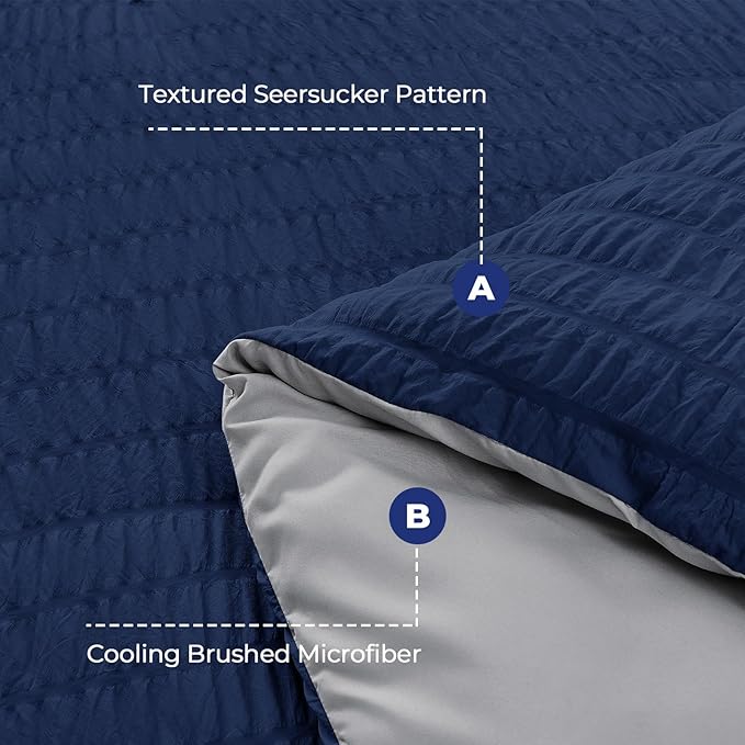 HYMOKEGE Navy Blue/Light Grey Duvet Cover Full Size, Ultra Soft 3-Piece Seersucker Duvet Cover Set with Zipper Closure, Soft Brushed Microfiber Bedding Set with 8 Corner Ties (80"x90", 2 Pillowshams)