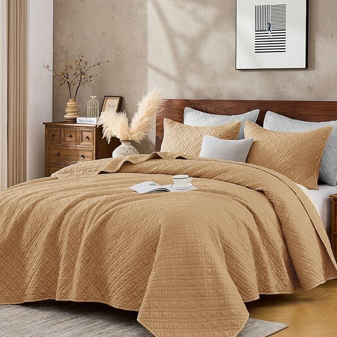 Queen Quilt Set with Shams Lightweight Quilted Bedspread Coverlet Thin Comforter Bed Cover Vintage Washed Quilted Blanket for All Season, Brushed Microfiber Diamond Stitching, Brown, 88"x92"