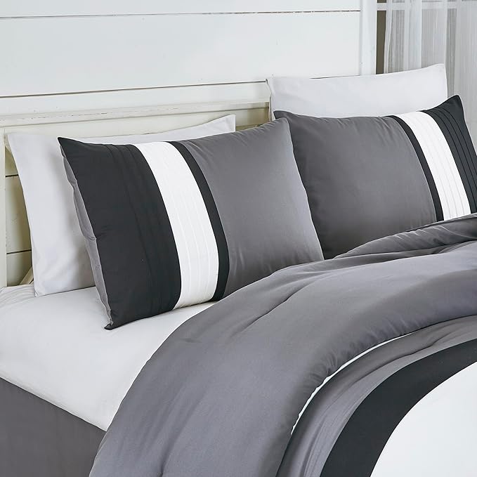 Chezmoi Collection Napa 7-Piece Luxury Leaves Scroll Embroidery Bedding Comforter Set (King, Black/Gray/White)