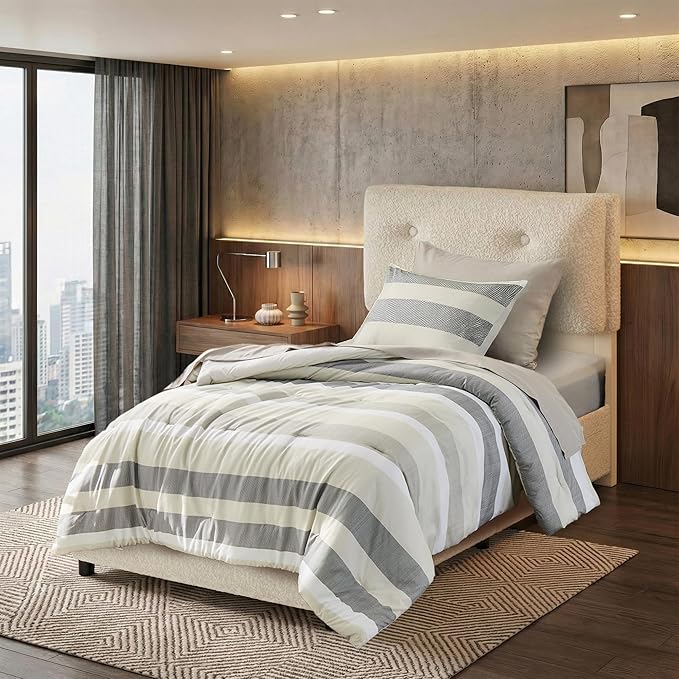 Twin Size Striped Comforter Set, Soft Microfiber Reversible Bedding Sets for All Season 5 Pieces Neutral Bed in A Bag Set with Comforter, Sheets, Pillowcase & Sham