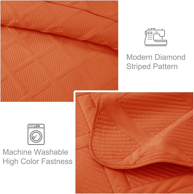 Exclusivo Mezcla Twin Size Quilt Set - Burnt Orange Quilts Bedding Set with 2 Pillow Shams, Modern Bedspread with Striped Pattern, Soft Lightweight Bedspreads Coverlets for All Seasons