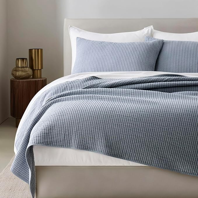 EVERGRACEHOME Cotton Coverlet Set King Size 3 Pieces, Lightweight Soft Ribbed Matelassé Bedspread Quilt Set, Cozy Oversized Quilted Bedding Set with 2 Pillow Shams for All Seasons, Blue Linen