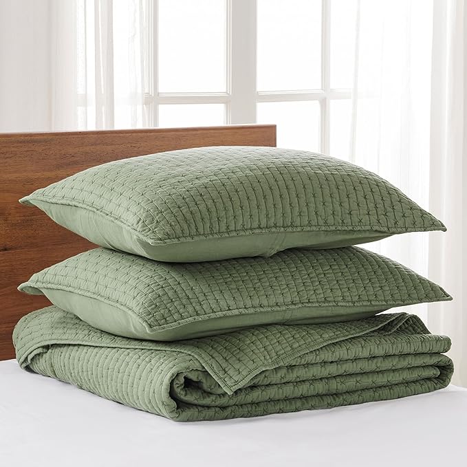 Levtex Home Cross Stitch Reversible Queen Bedspread Set (104x106in) with 2 Pillow Shams (26x20in) - Stitch Texture - Forest Green - Cotton Queen Size Bedspread Set - Lightweight, Soft, Pre-Washed