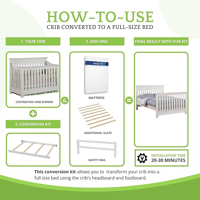 Full-Size Conversion Kit Bed Rails for Baby Cache Convertible Cribs - Solid Wood Rail - Toddler and Adult Bed Rail for Full-Size Beds - Essential Nursery & Baby Furniture (White)