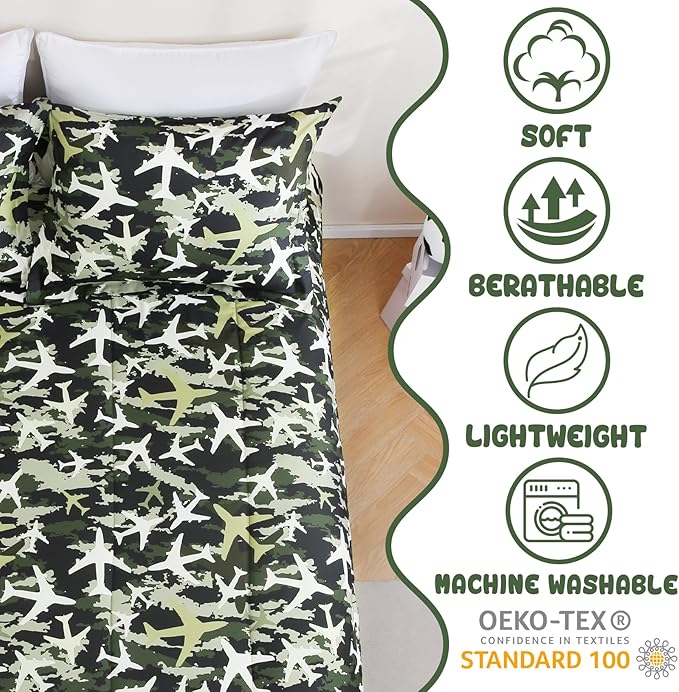 Yibeizi Airplane Comforter Set for Boys Twin, Kids Green Camouflage Printed Bedding Set with Pillow Sham, Cute Lightweight Soft Breathable Machine Washable Quilted Bed Comforter Set 2 Piece