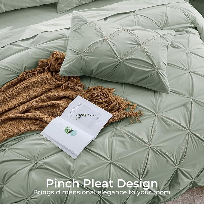 Sasttie Queen Comforter Set, 7-Piece Bed in a Bag, Pintuck Bedding Sets for All Season, Includes Comforter, Flat Sheet, Fitted Sheet, Pillowcases and Pillowshams, Sage Grey