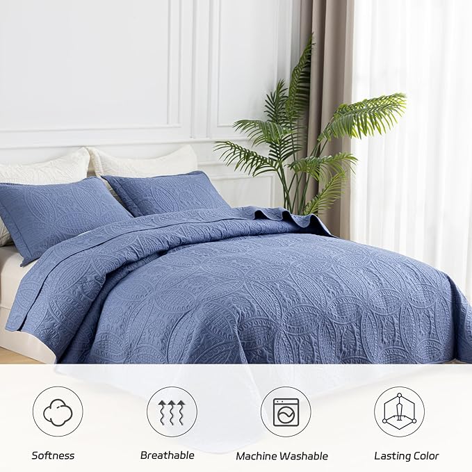 SheRest Queen Quilt Bedding Set - Grayish Blue Soft Breathable Bed Quilts, Modern Style Embossed Bedspreads, Lightweight Microfiber Coverlet for All Seasons-3 Pieces (1 Quilt,2 Pillow Shams)