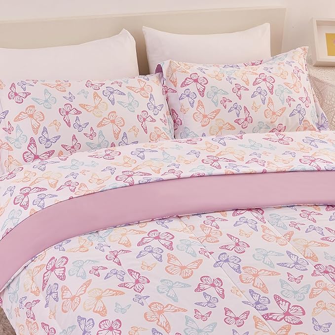 Yibeizi Butterfly Kids Comforter Set for Girls Full Size, Cute Quilted Lavender Printed Bedding Set with Pillow Sham, Lightweight Soft Breathable Machine Washable Bed Set 3 Piece