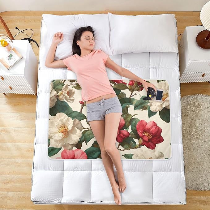 Waterproof Bed Pad Reusable Changing Pad Toddler Mattress Protector Large Pee Pad Baby Diaper Pad Soft Washable Liner Vintag Camellias Red