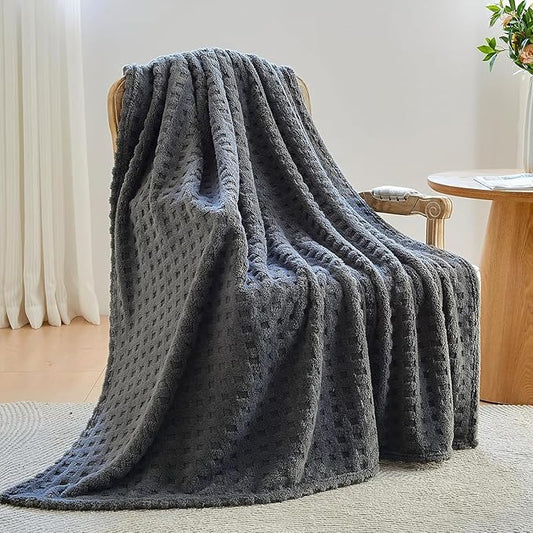 NEWCOSPLAY Super Soft Twin Blanket Grey Premium Silky Flannel Fleece 3D Waffle Checkered Lightweight Bed Blanket All Season Use (Dark Grey, Twin(60"x80"))