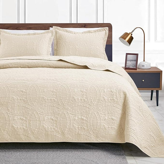 Love's cabin California King Size Quilt Set Beige Bedspreads - Soft Summer Lightweight Bedspread Comforter - Modern Coin Pattern Coverlet for All Season - 3 Pieces (1 Quilt, 2 Pillow Shams)