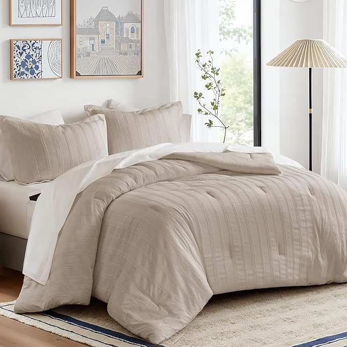 Madison Park Essentials Striped Comforter Set Full, 7 Pieces Modern Minimalist Jacquard Bedding Set for All Season, Bed in A Bag with Sheet Set and Soft Brushed Reverse, Lightweight Neutral